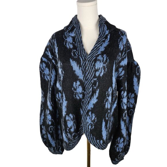 Vintage 90's Kid Mohair Nylon Floral Sweater Cardigan XL Balloon Sleeves Boho - Picture 1 of 11